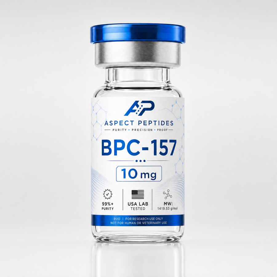 An Aspect Peptides BPC-157 vial, studio-photographed with its lot-verified label